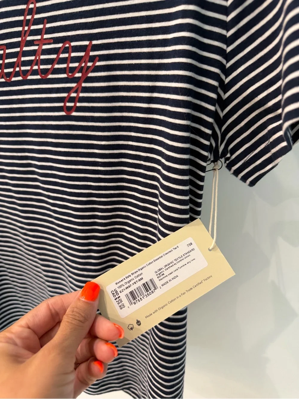Pact Navy & White Striped Tee with Red Script